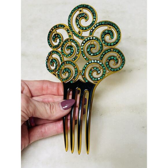 Antique Ornate Celluloid Hair Comb Green Rhinestones Art Nouveau - Picture 3 of 16